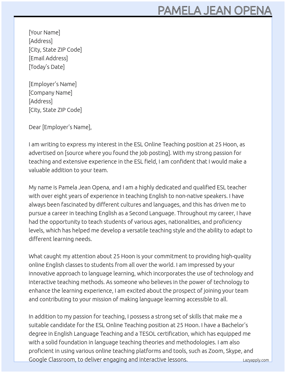 ESL Online Teaching At 25 Hoon Cover Letter