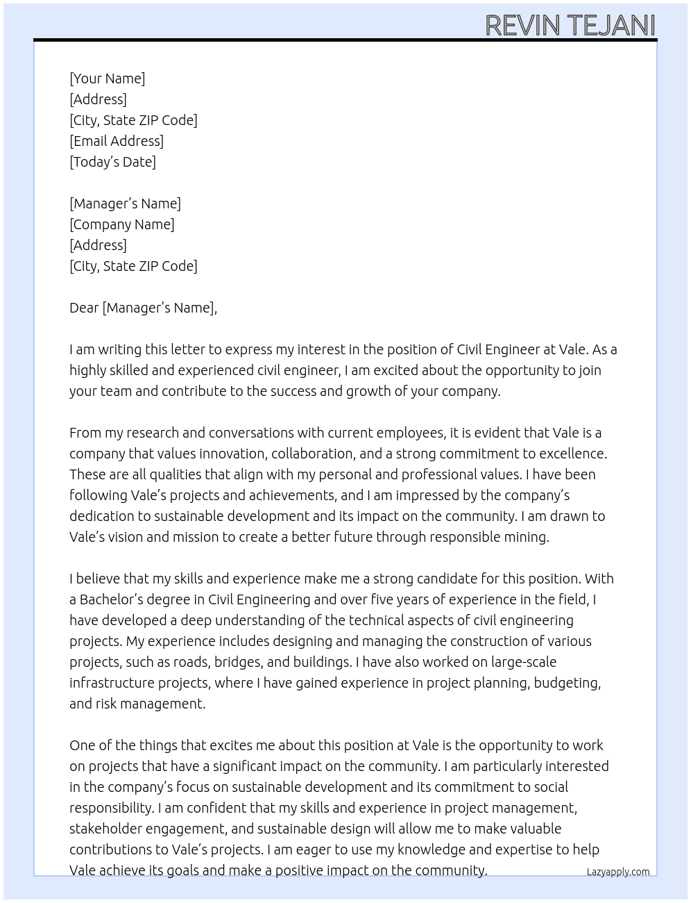Civil Engineer At Vale Cover Letter
