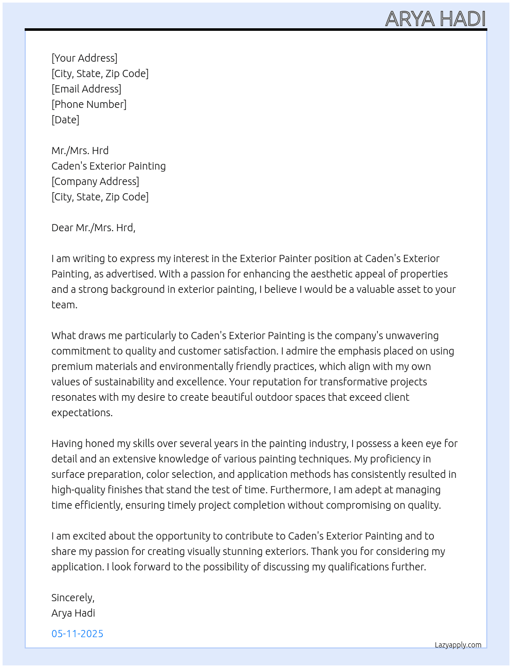 Cover letter for exterior painter - LazyApply