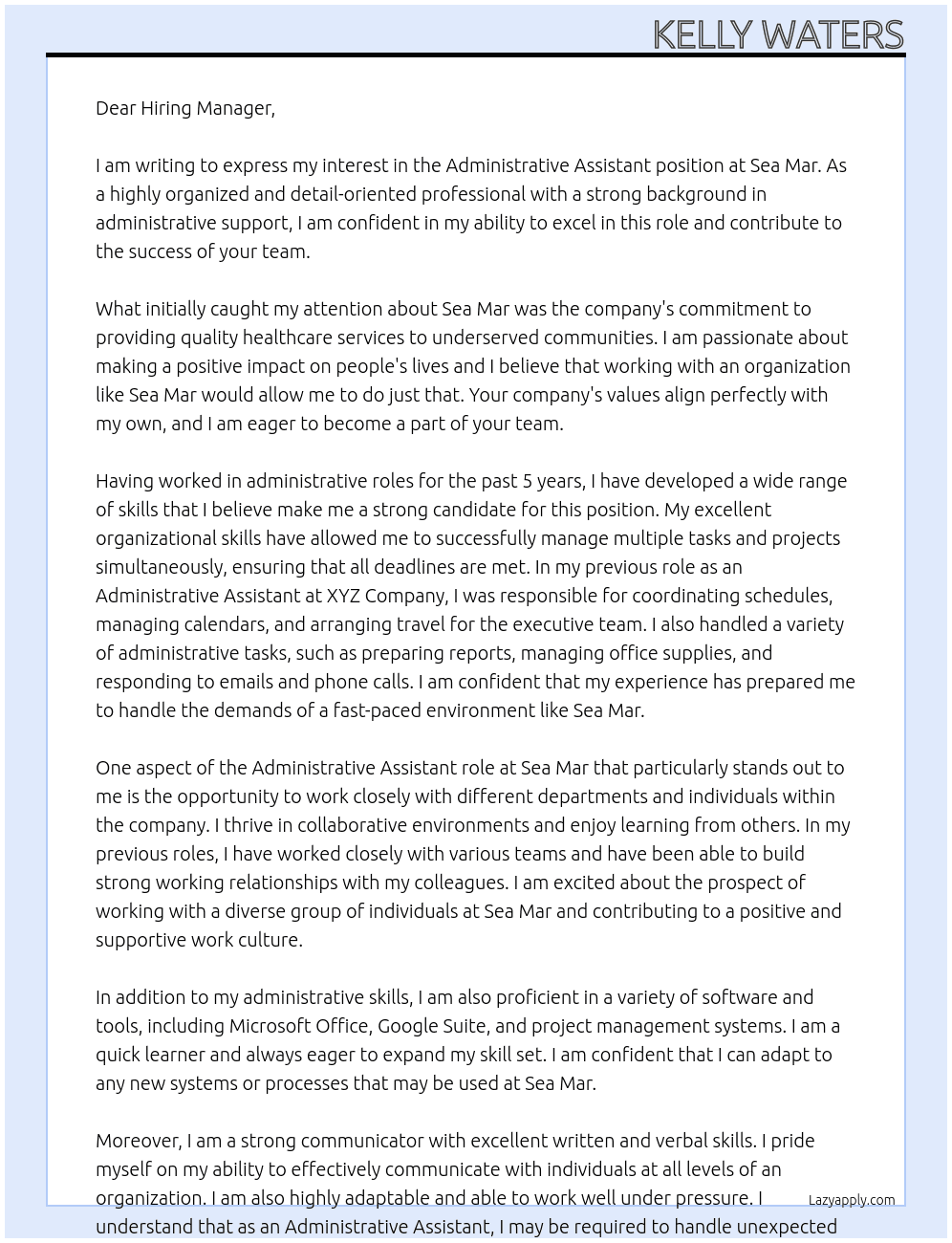 Administrative Assistant At Sea Mar Cover Letter
