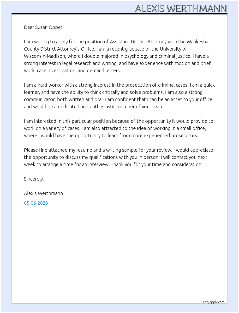Assistant District Attorney At Waukesha County District Attorney’s Office Cover Letter