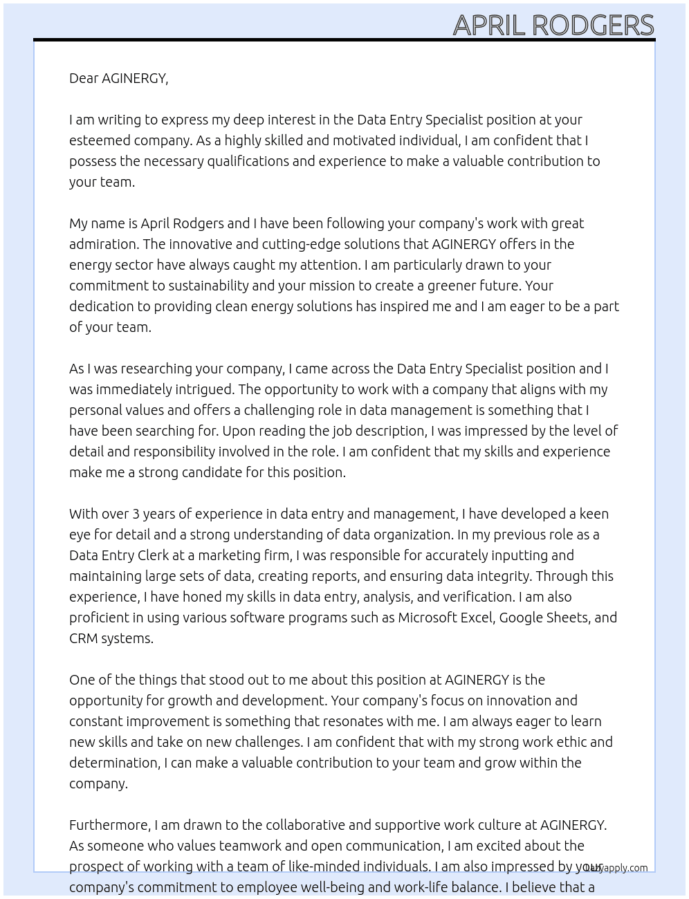 Data Entry Specialist  At AGINERGY  Cover Letter