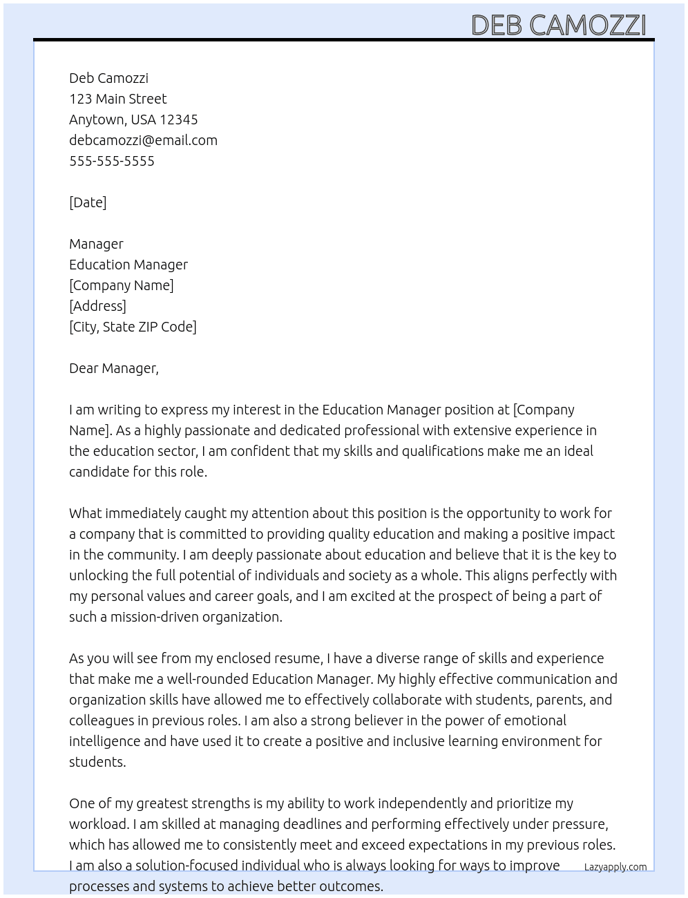 Education Manager  At Unknown  Cover Letter