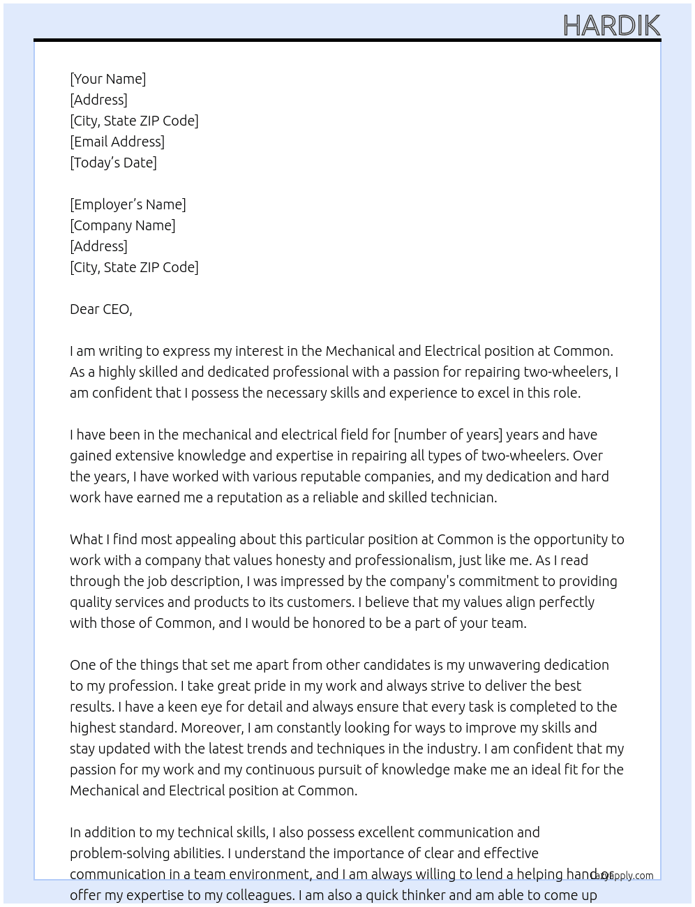 Cover letter for mechanical and electrical - LazyApply
