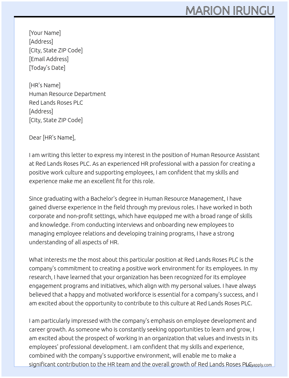 human resource assisstant At red lands roses plc Cover Letter