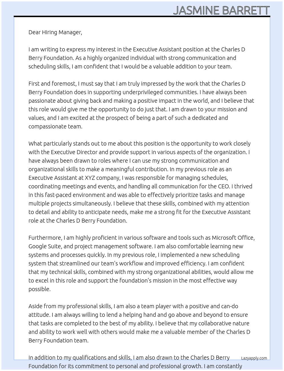 Executive Assistant At Charles D Berry Foundation Cover Letter