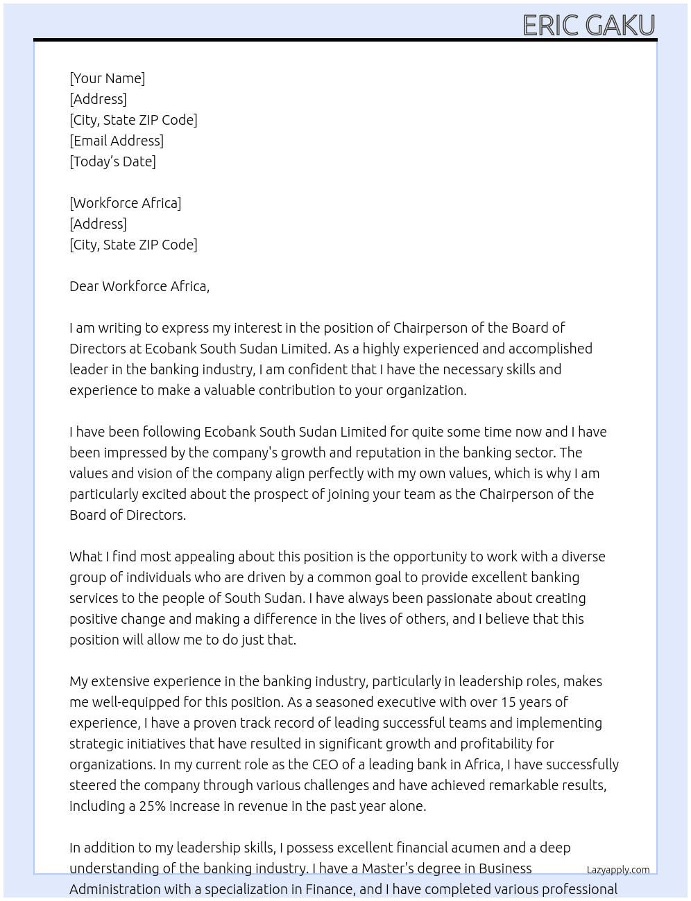 CHAIRPERSON, BOARD OF DIRECTORS At Ecobank South Sudan Limited Cover Letter