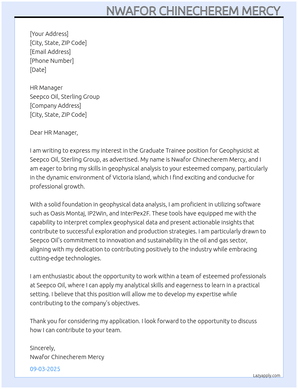 Geophysicist  At Seepco oil, Sterling Group. Cover Letter