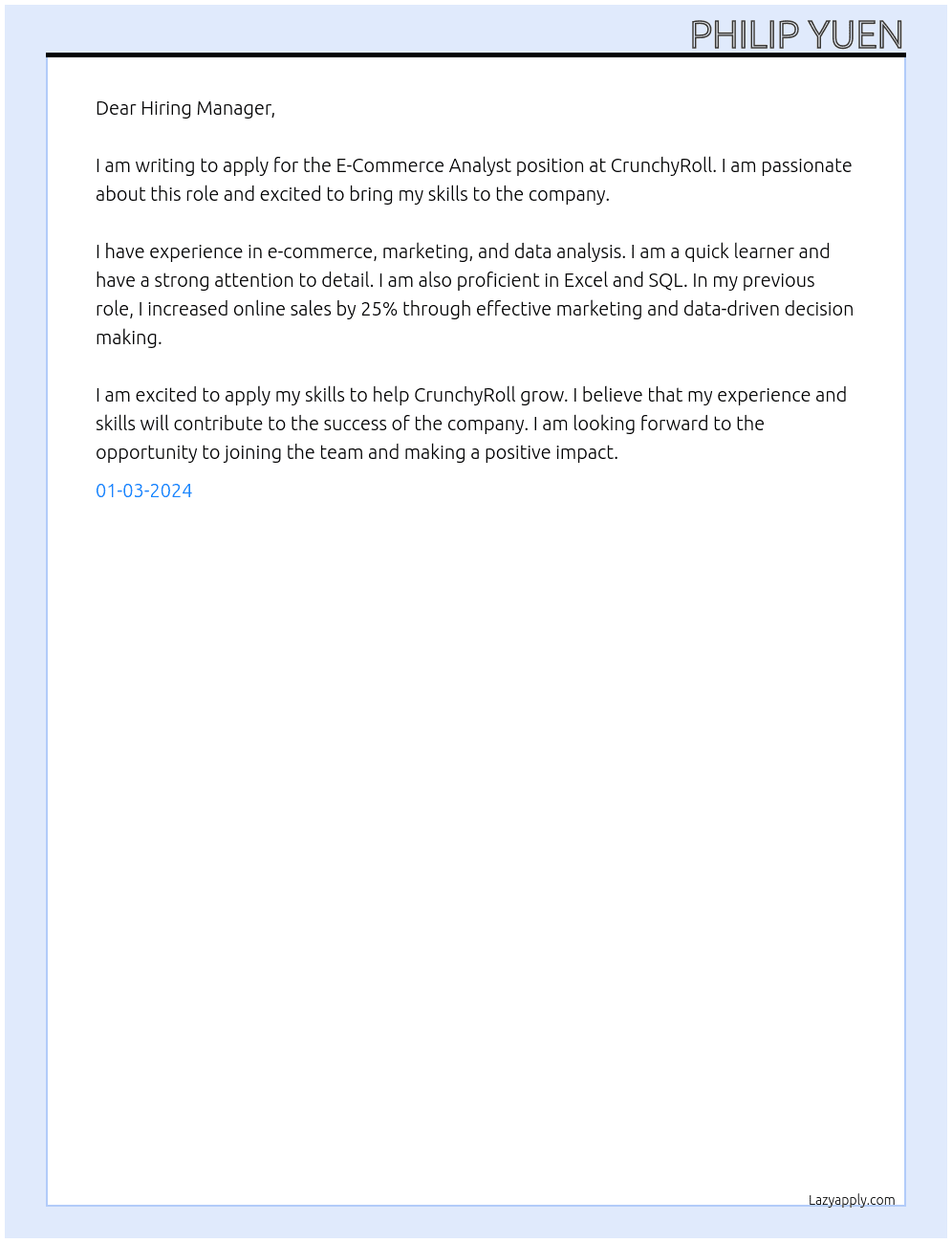 E-Commerce Analyst At CrunchyRoll Cover Letter