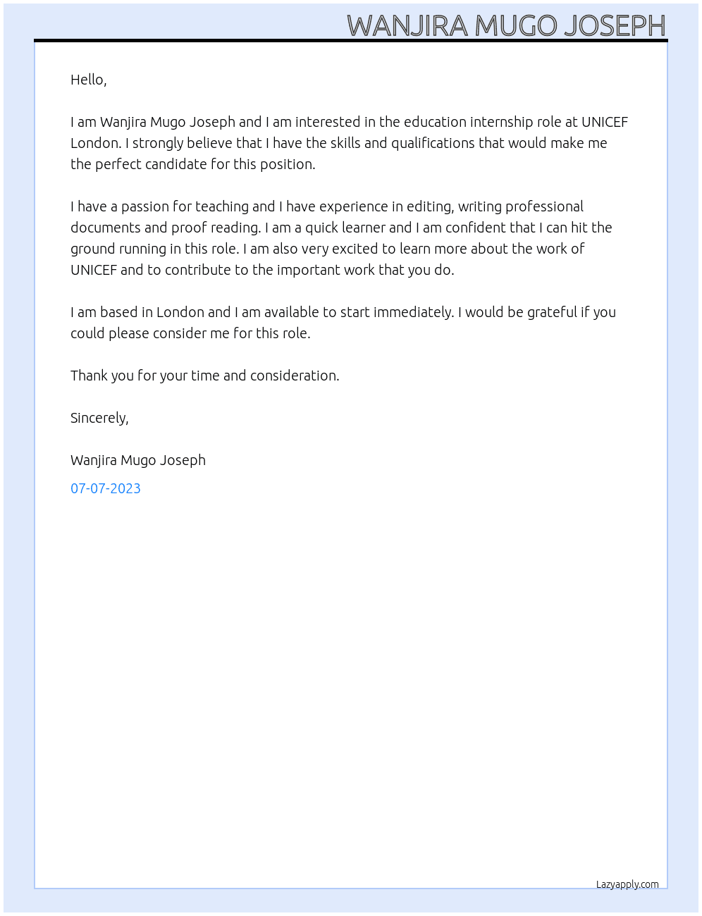 education At wanjira mugo joseph Cover Letter