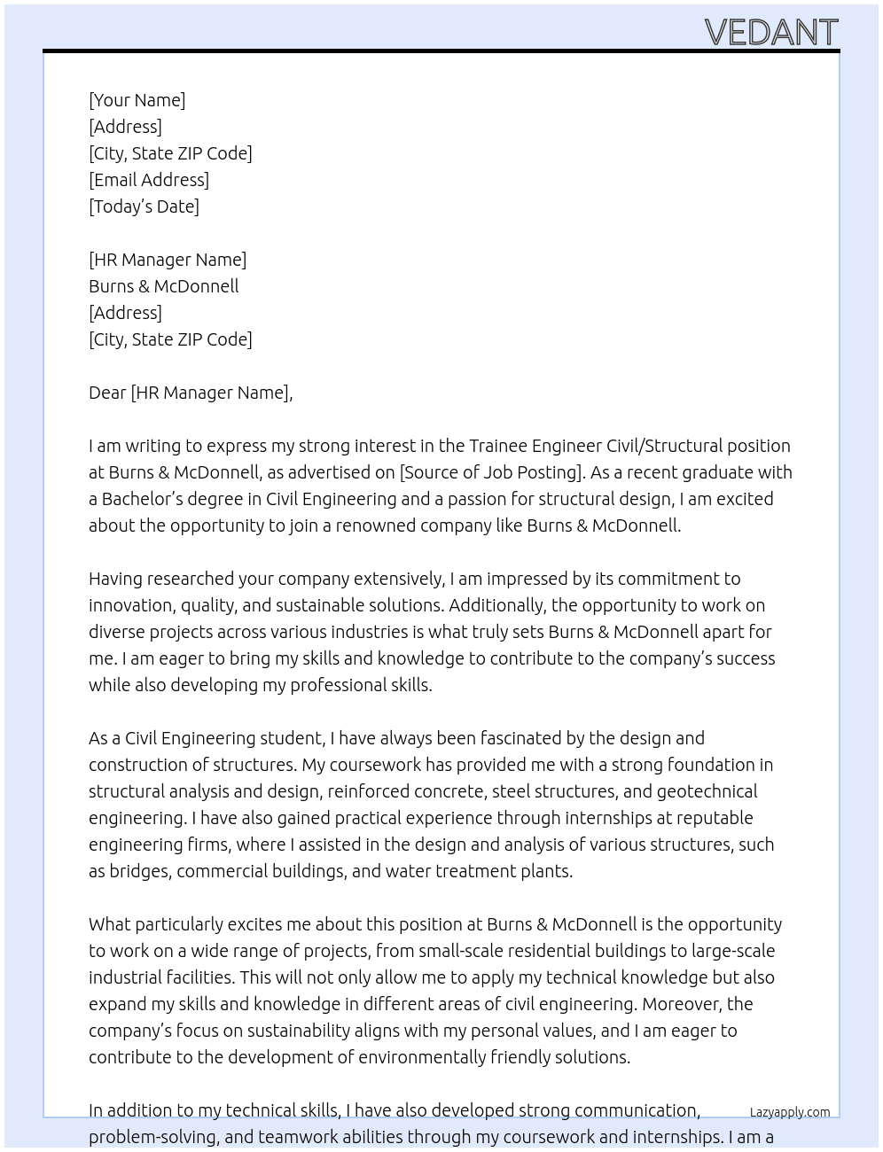 Trainee Engineer Civil/structural  At Burns & McDONNEL Cover Letter