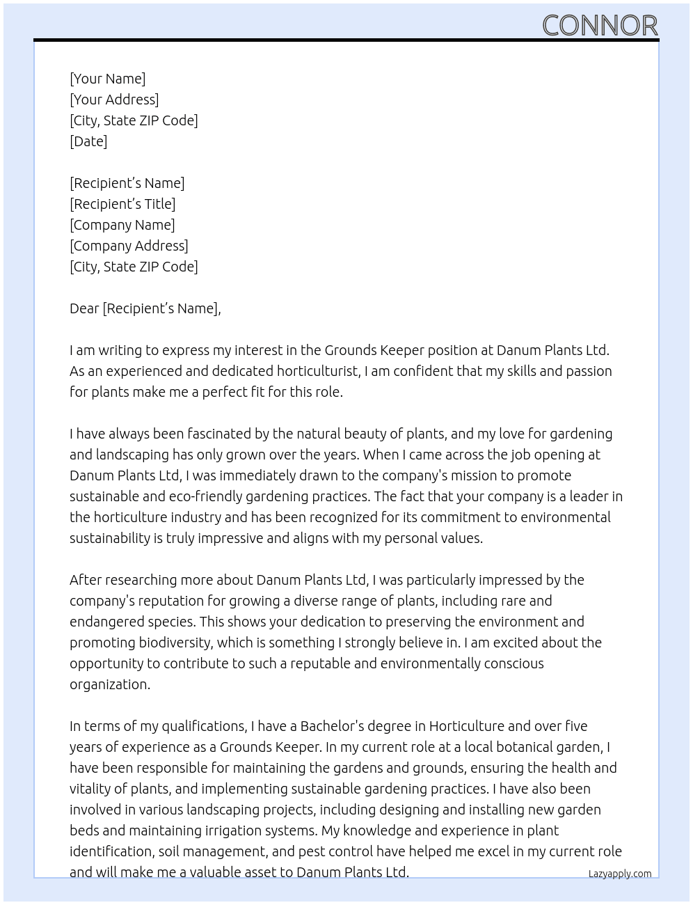 grounds keeper At Danum Plants Ltd Cover Letter