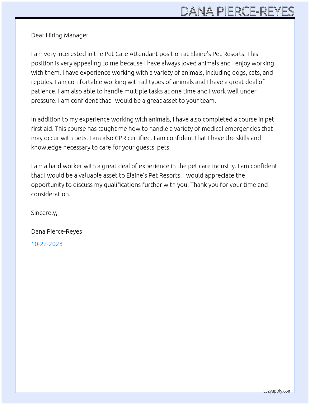 Pet Care Attendant At Elaine's Pet Resorts Cover Letter