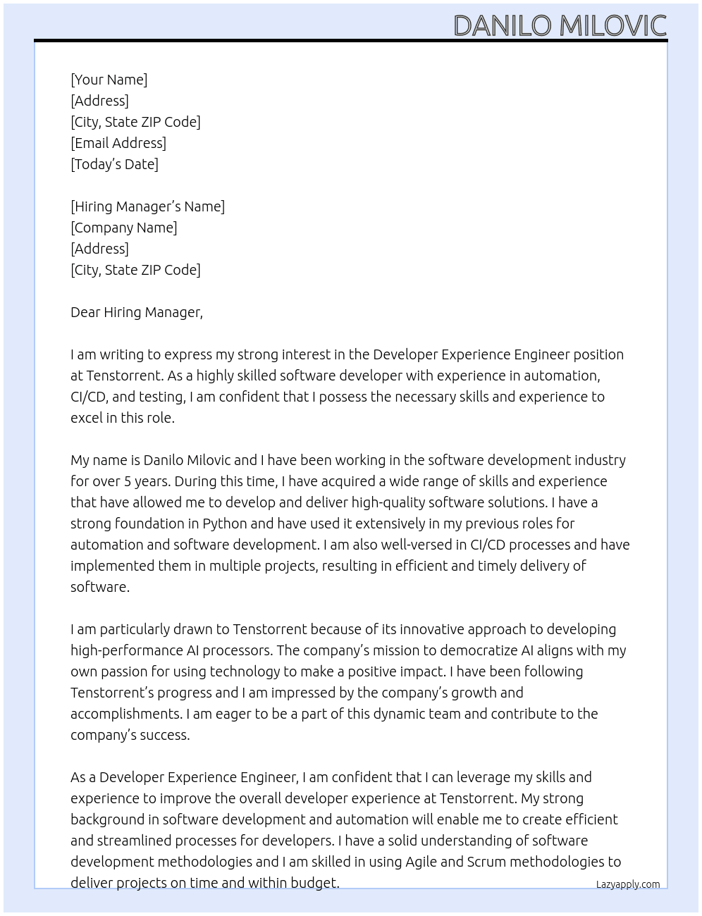 Cover letter for developer experience engineer - LazyApply