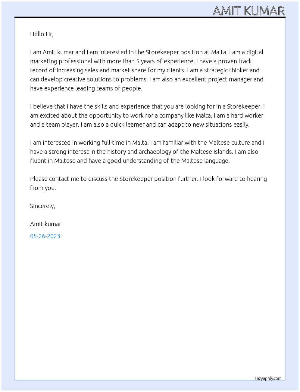 Storekeeper  At Malta Cover Letter