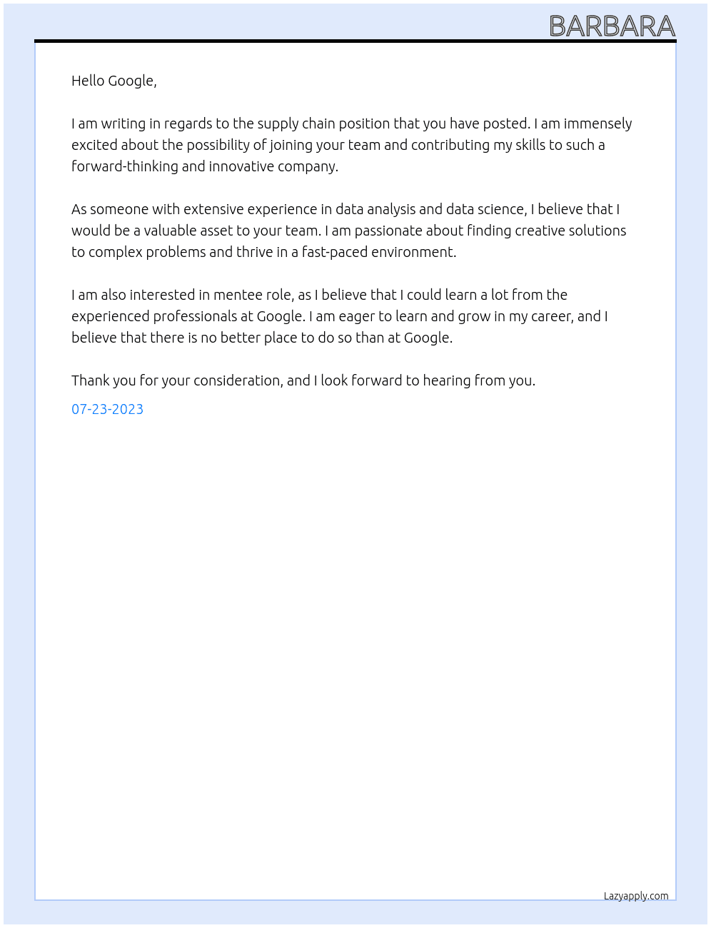 supply chain At google Cover Letter