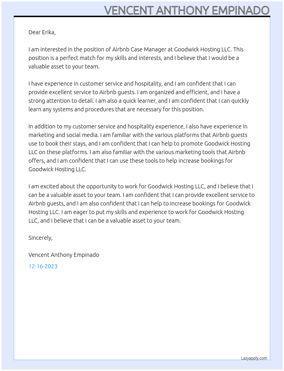 Airbnb Case Manager At Goodwick Hosting LLC Cover Letter