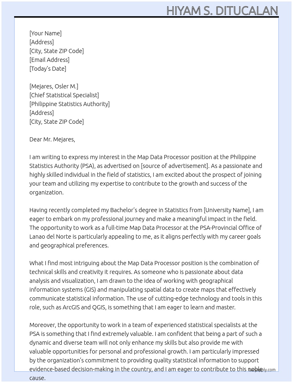 Map Data Processor At Philippine Statistics Authority Cover Letter