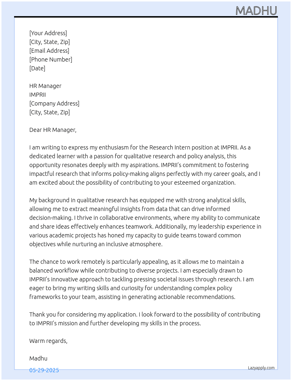 Research intern At IMPRII Cover Letter