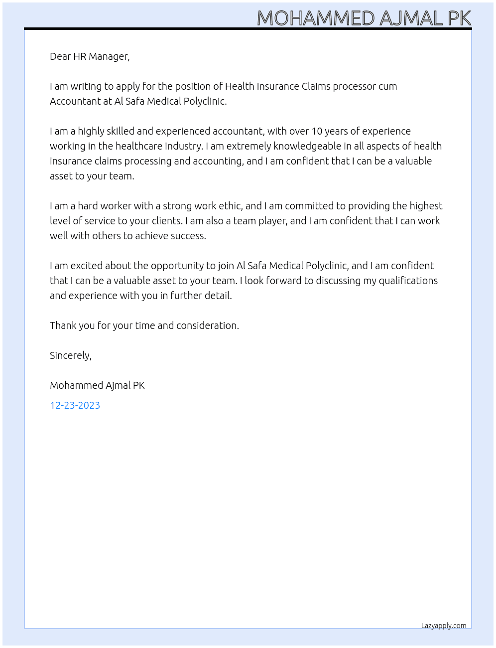 Health Insurance Claims processor cum Accountant At Al Safa Medical Polyclinic Cover Letter