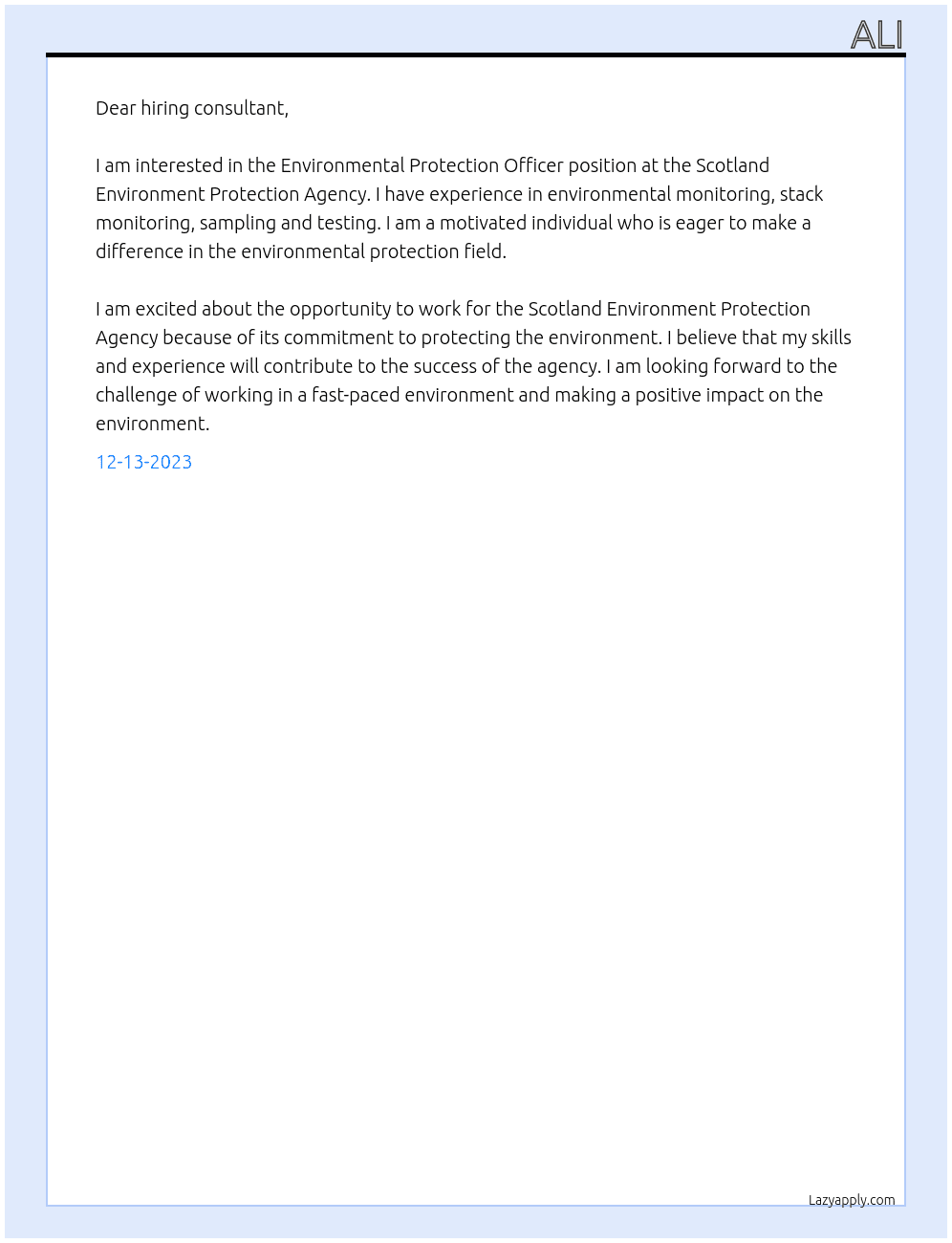 Environmental Protection Officer` At Scotland Environment protection agency Cover Letter
