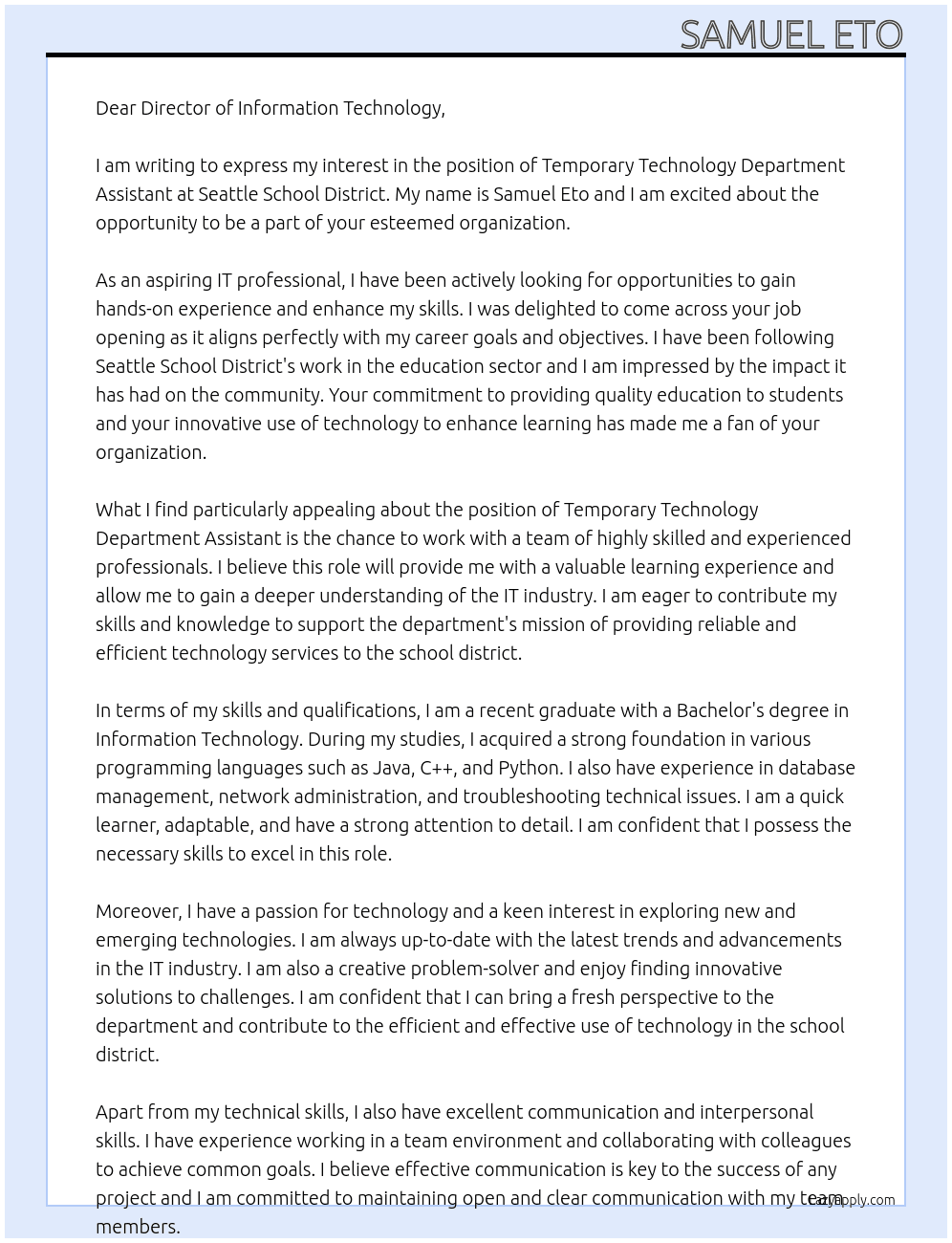  Temporary Technology Department Assistant At seattle school district Cover Letter