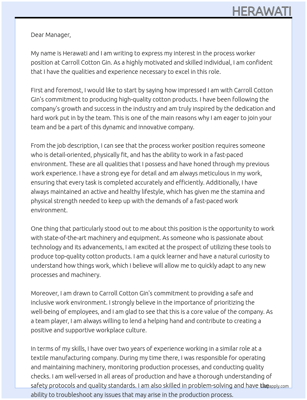 process worker At Carroll Cotton Gin Cover Letter