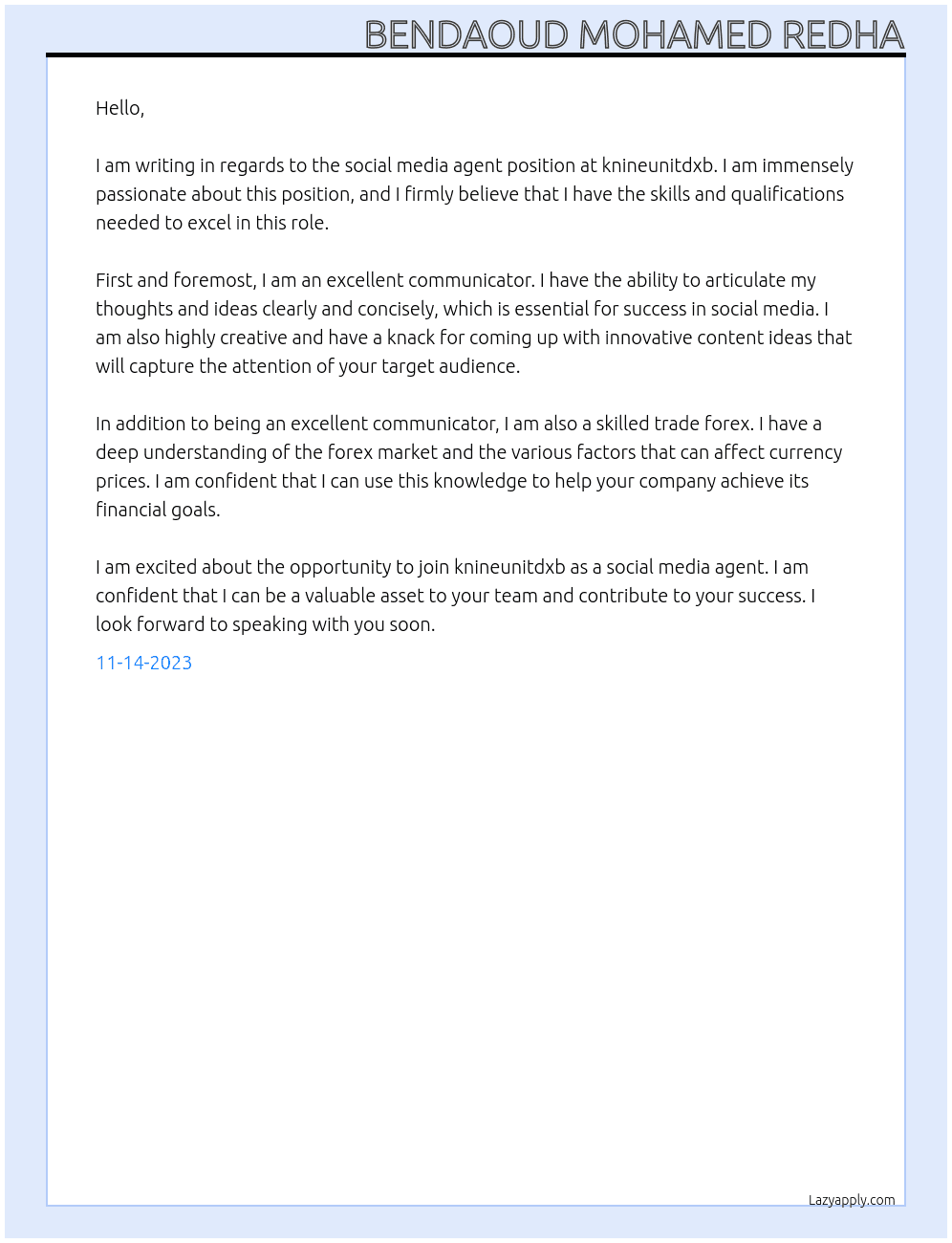 Social media agent At knineunitdxb Cover Letter