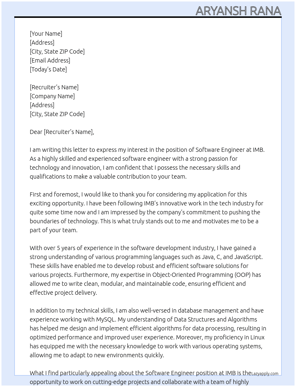 Software Engineer At IMB Cover Letter