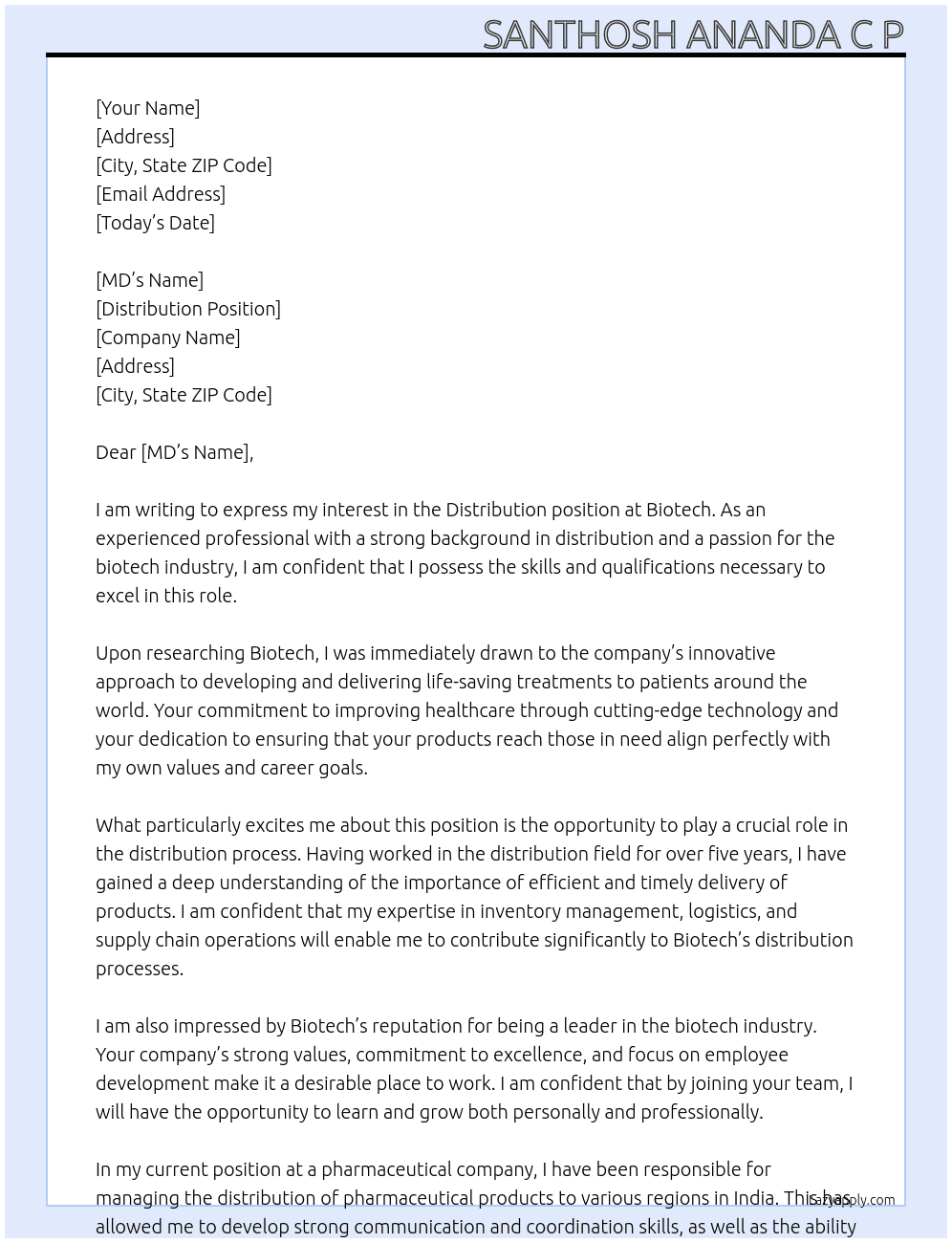 Distribution At biotech Cover Letter