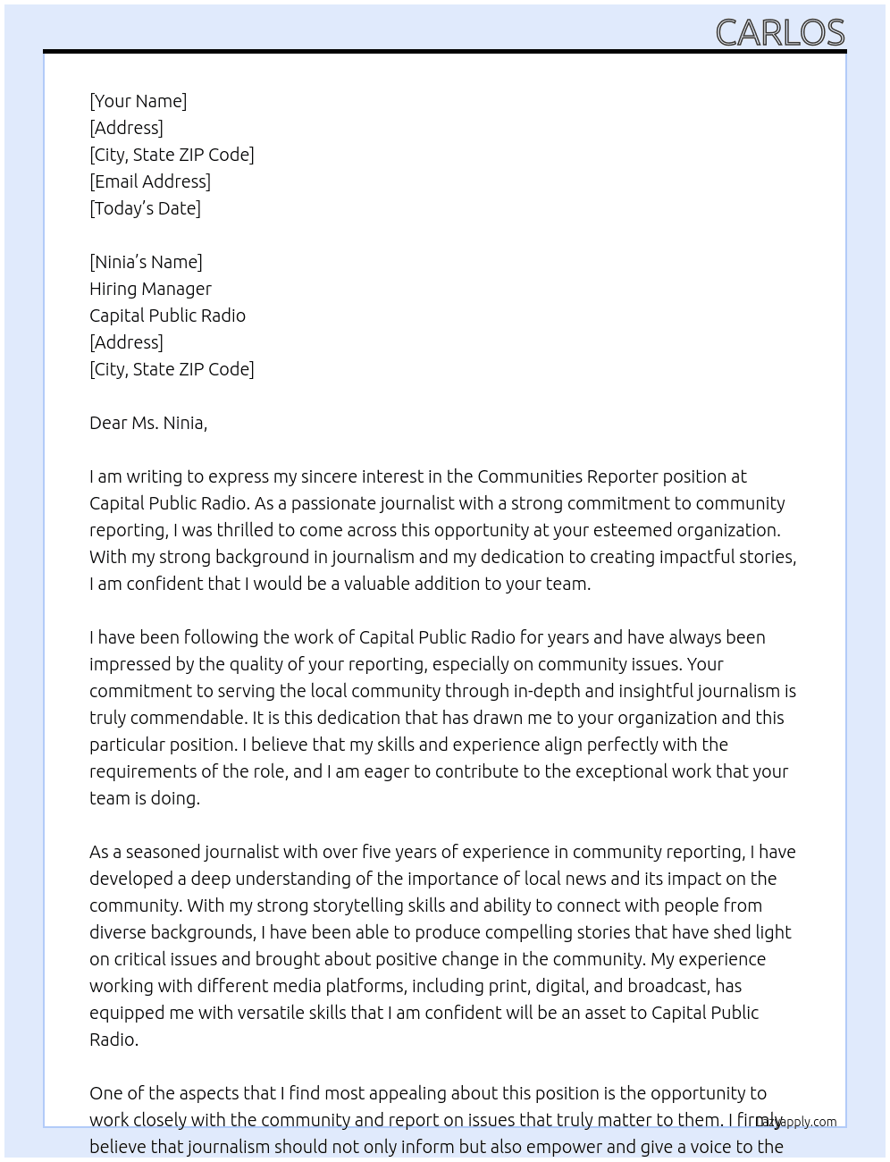 Communities Reporter At Capital Public Radio Cover Letter