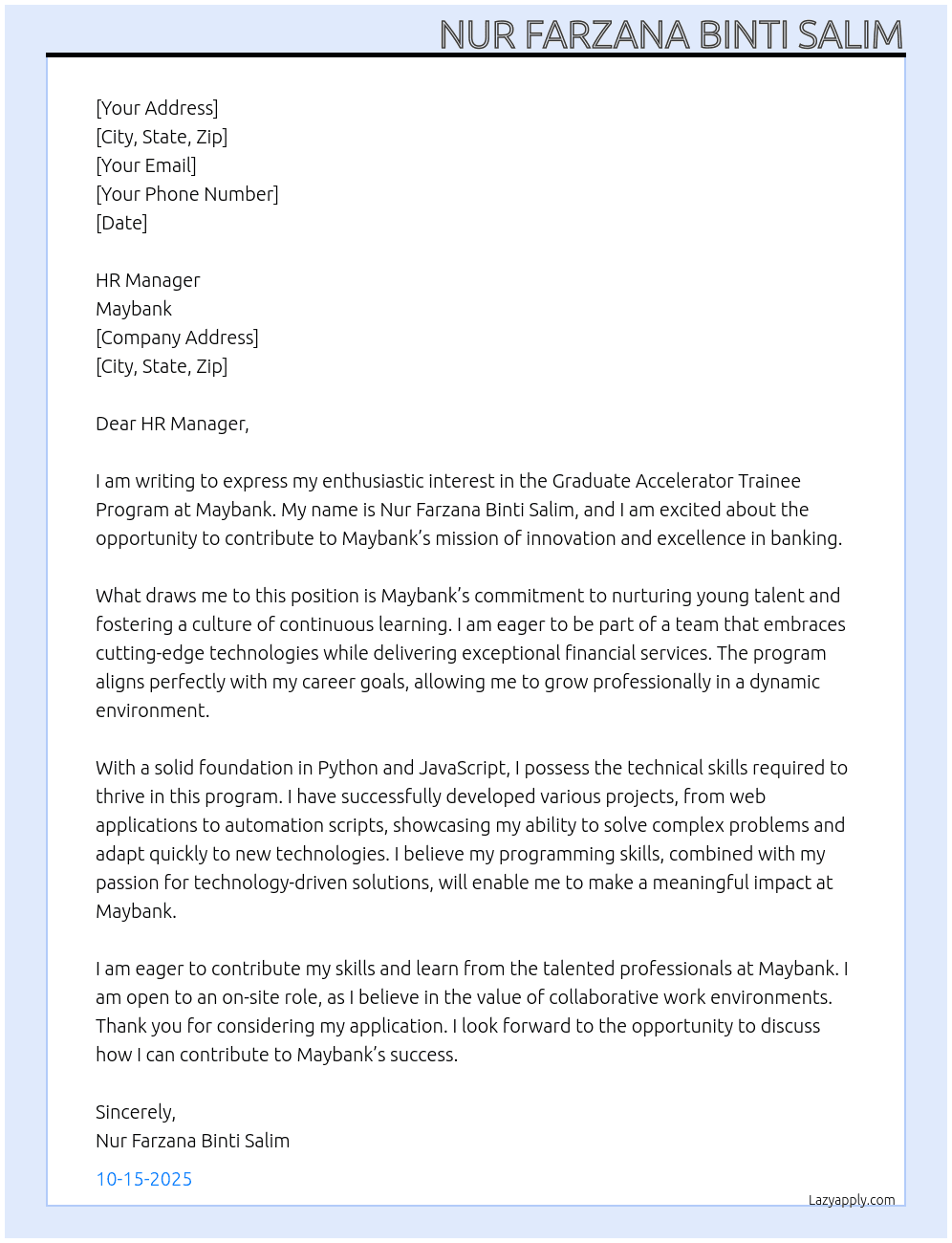 Graduate Accelerator Trainee Program At Maybank Cover Letter