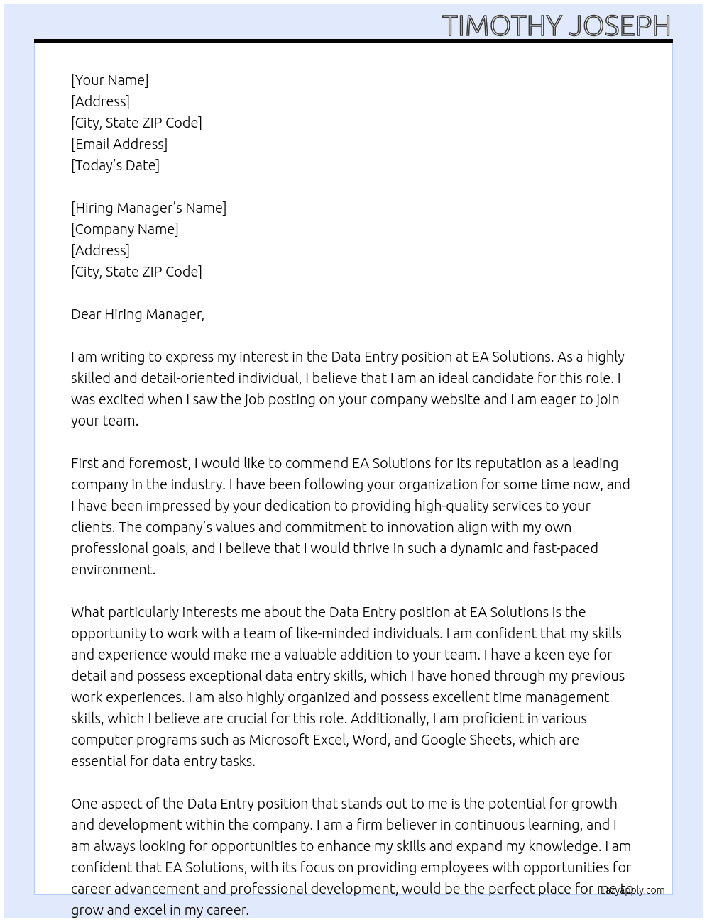 Data Entry At EA Solutions Cover Letter