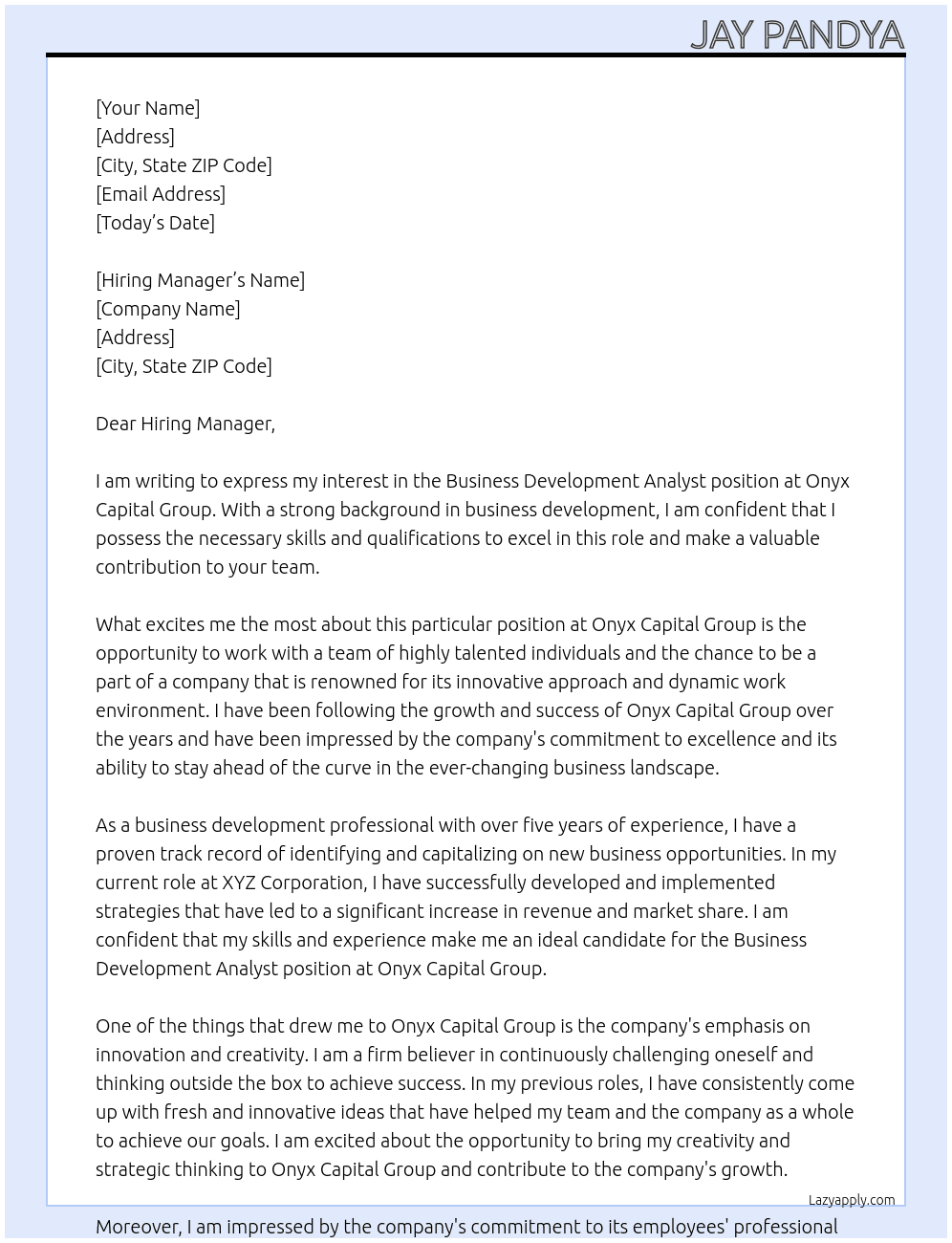 Business Development Analyst At Onyx Capital Group Cover Letter