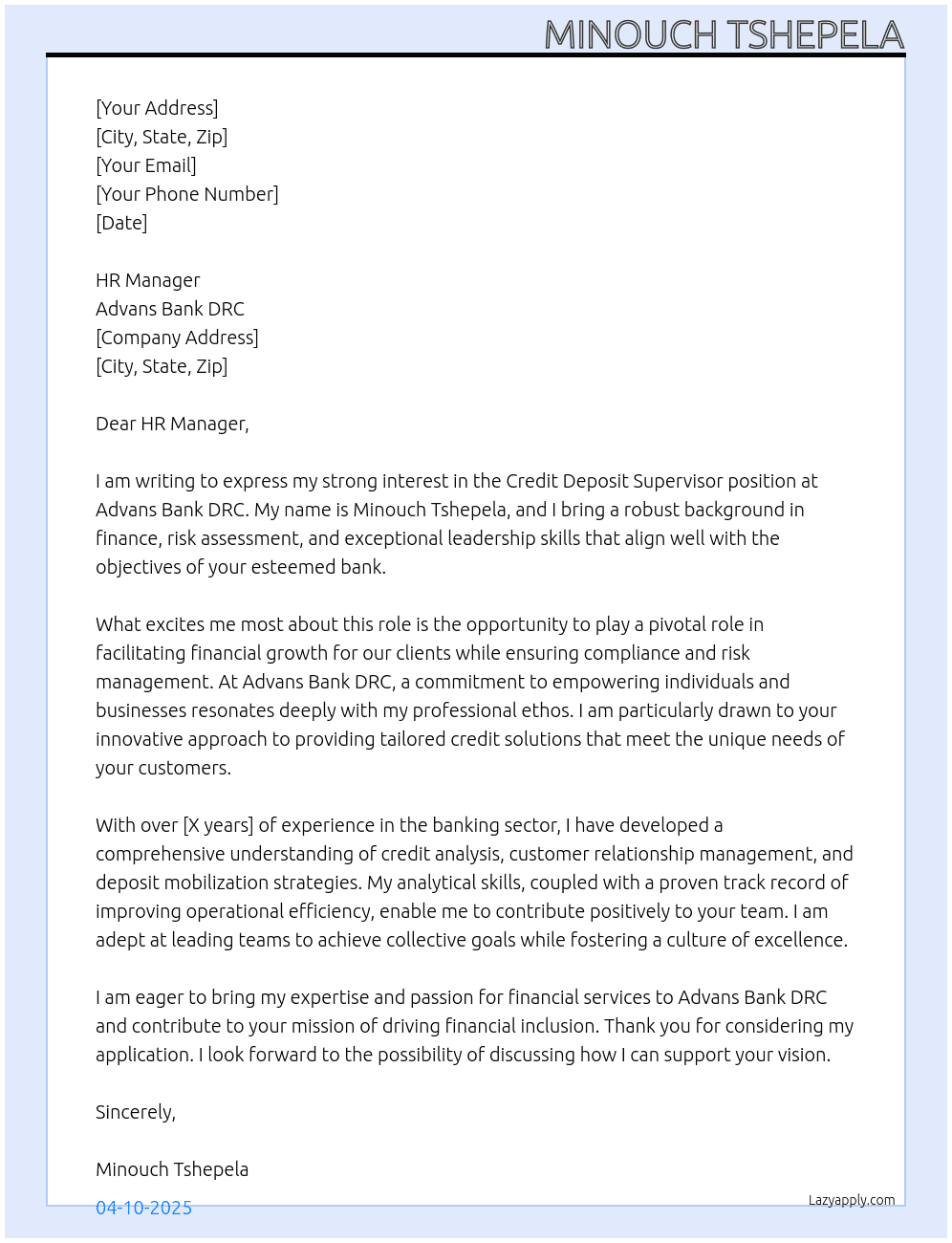 credit deposit supervisor At Advans bank DRC Cover Letter