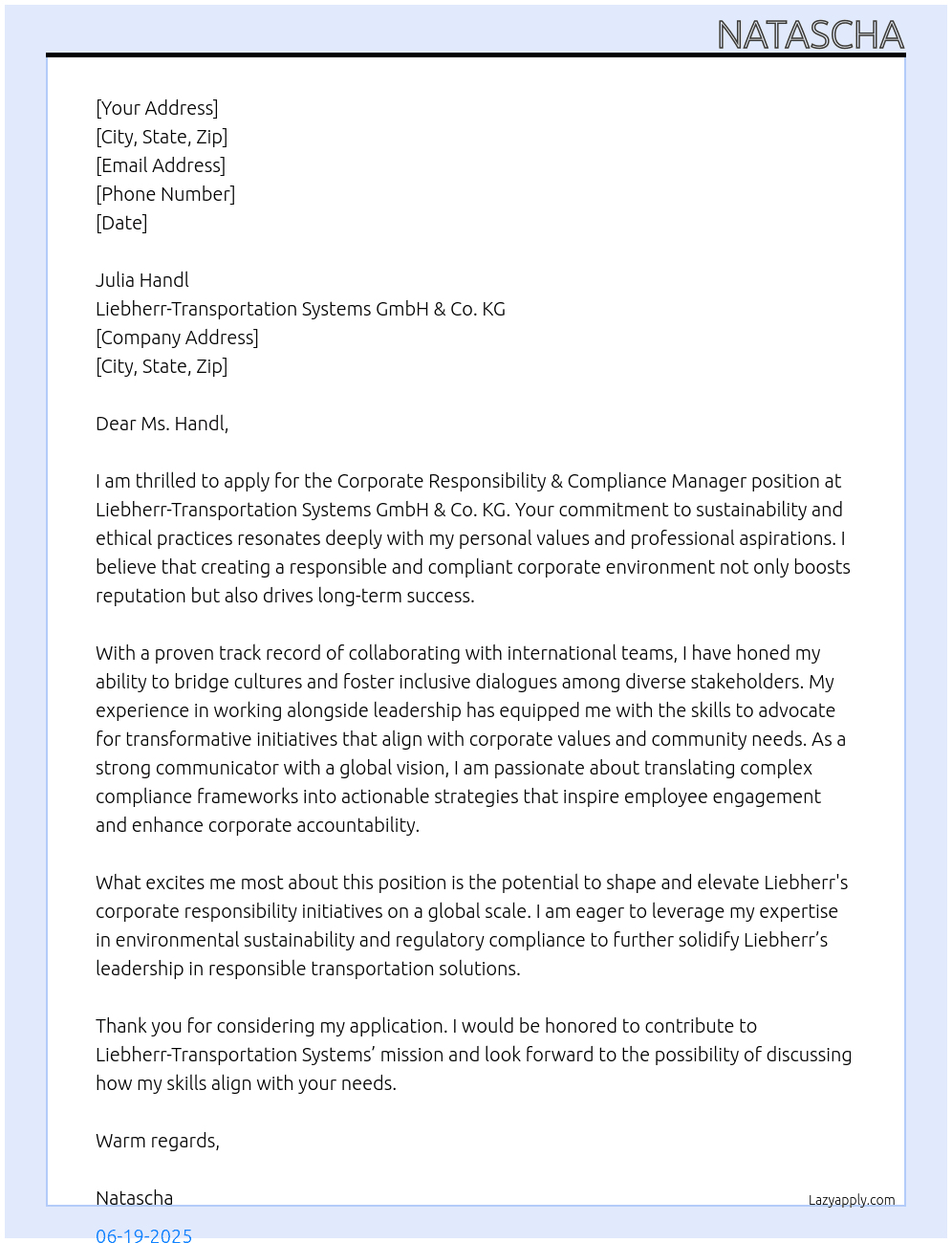 Corporate Responsibility & Compliance Manager At Liebherr-Transportation Systems GmbH & Co. KG Cover Letter