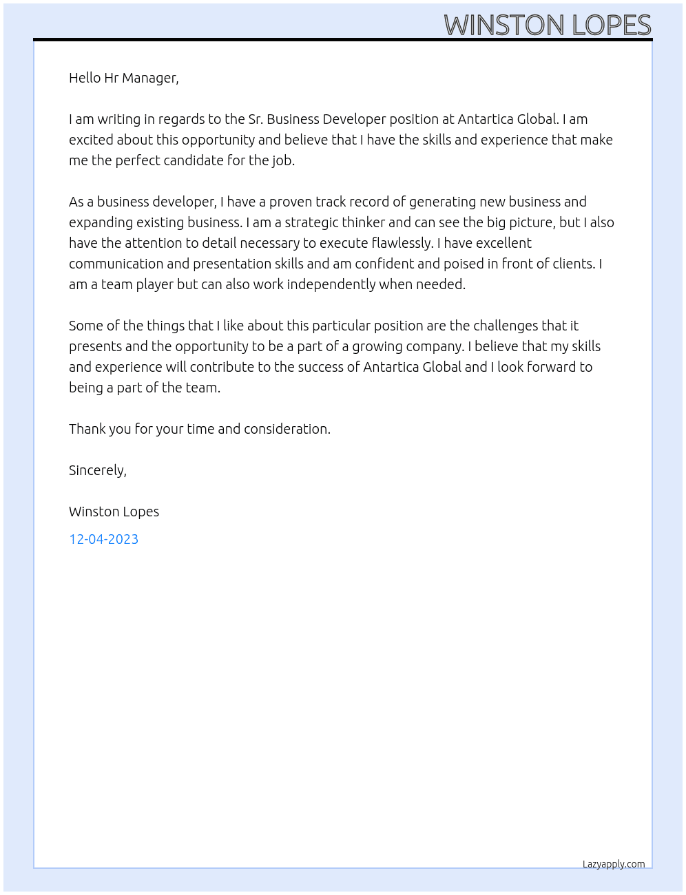 Sr. Business Developer At Antartica Global Cover Letter