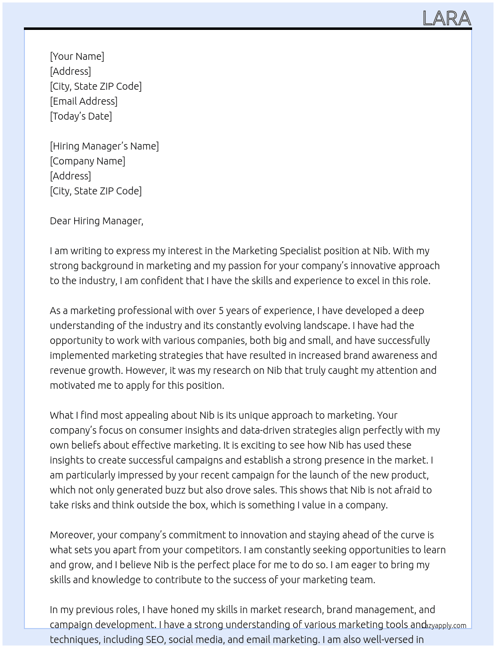 marketing specialist At Nib Cover Letter