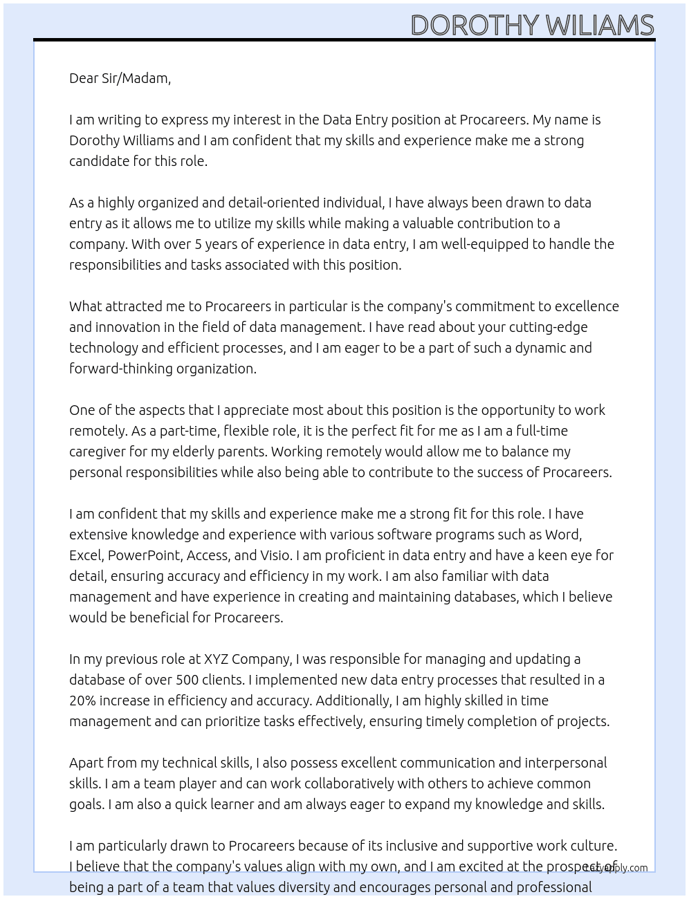 Data Entry At Procareers Cover Letter
