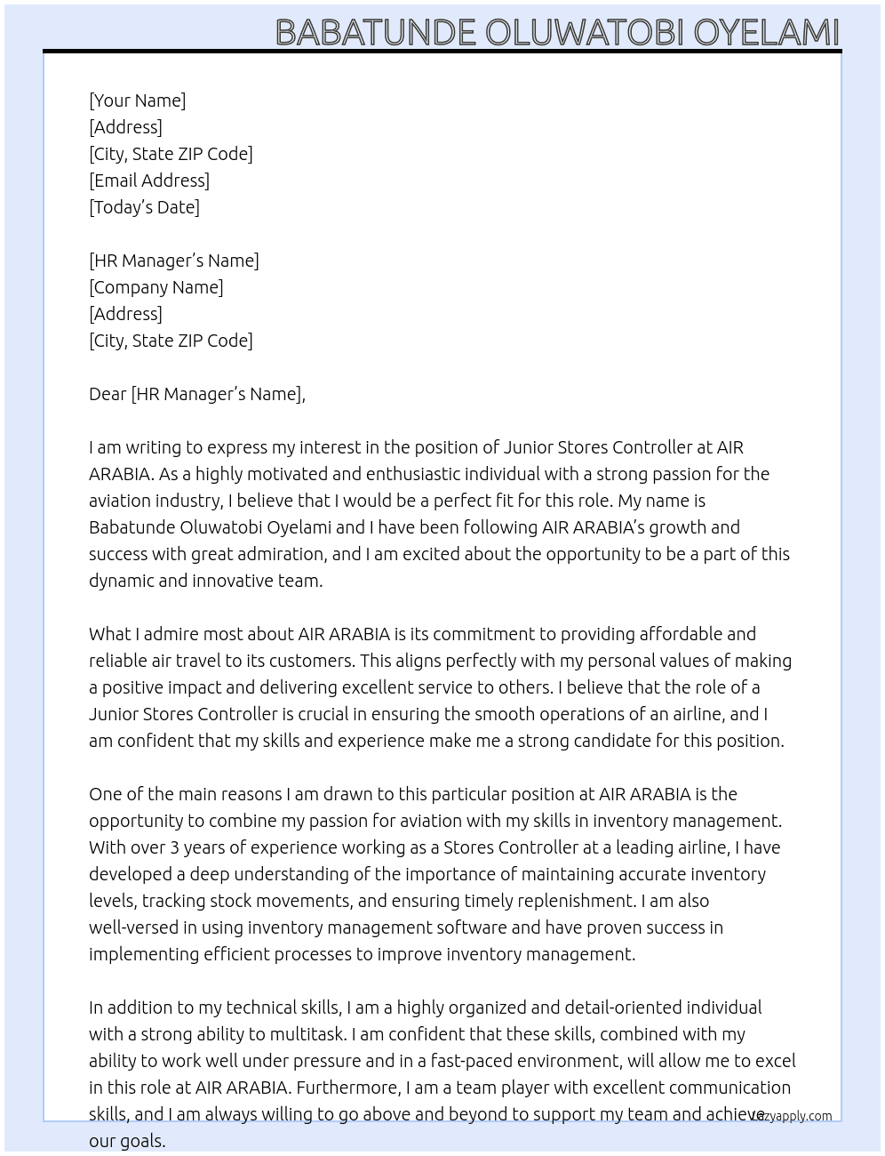 Cover letter for junior stores controller - LazyApply