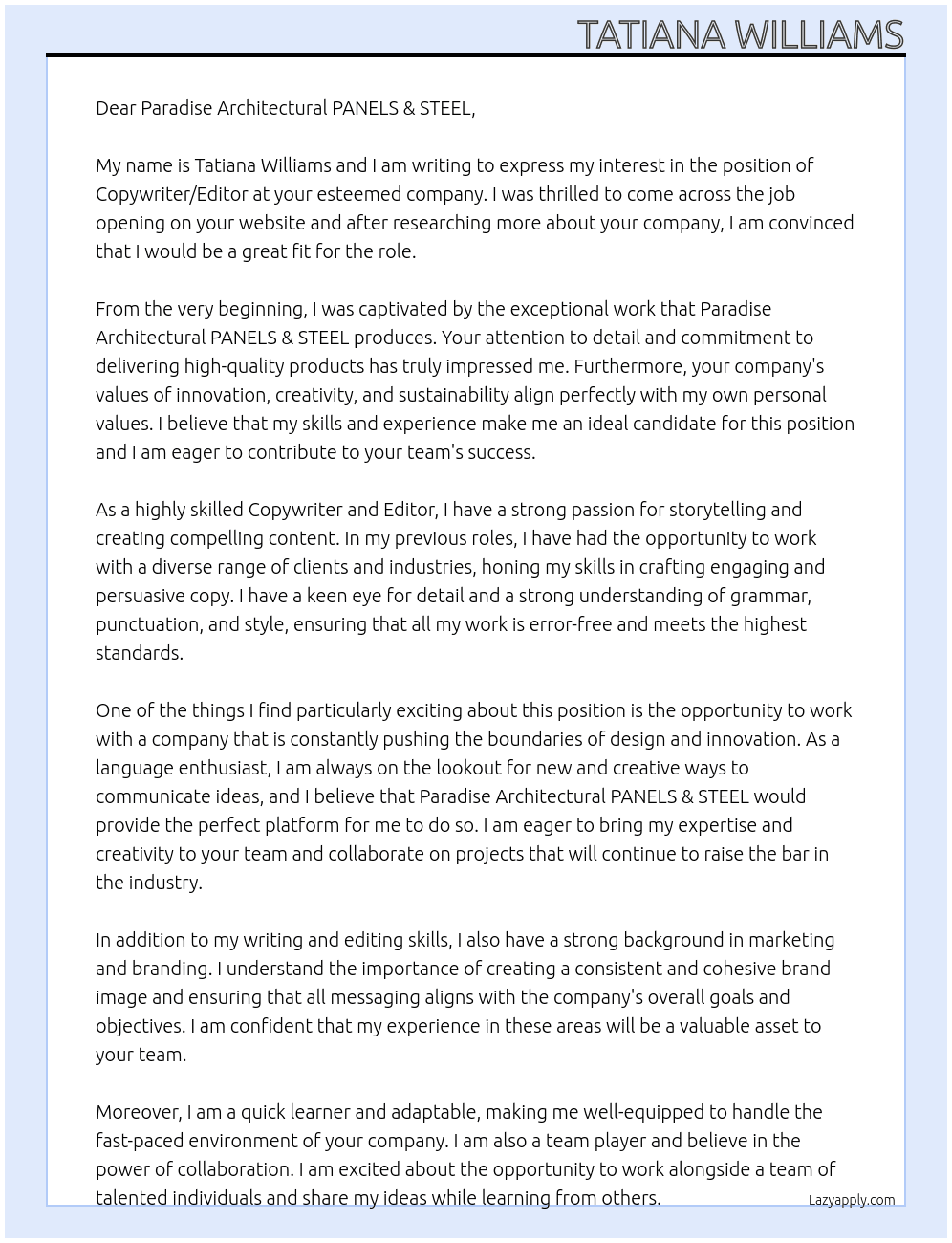 Copywriter/Editor  At Paradise Architectural PANELS & STEEL Cover Letter