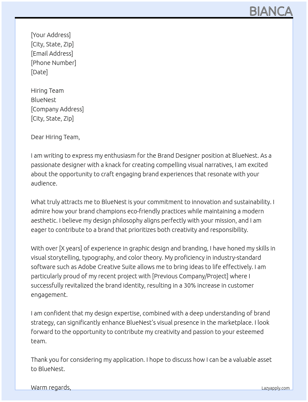 Brand Designer At BlueNest Cover Letter