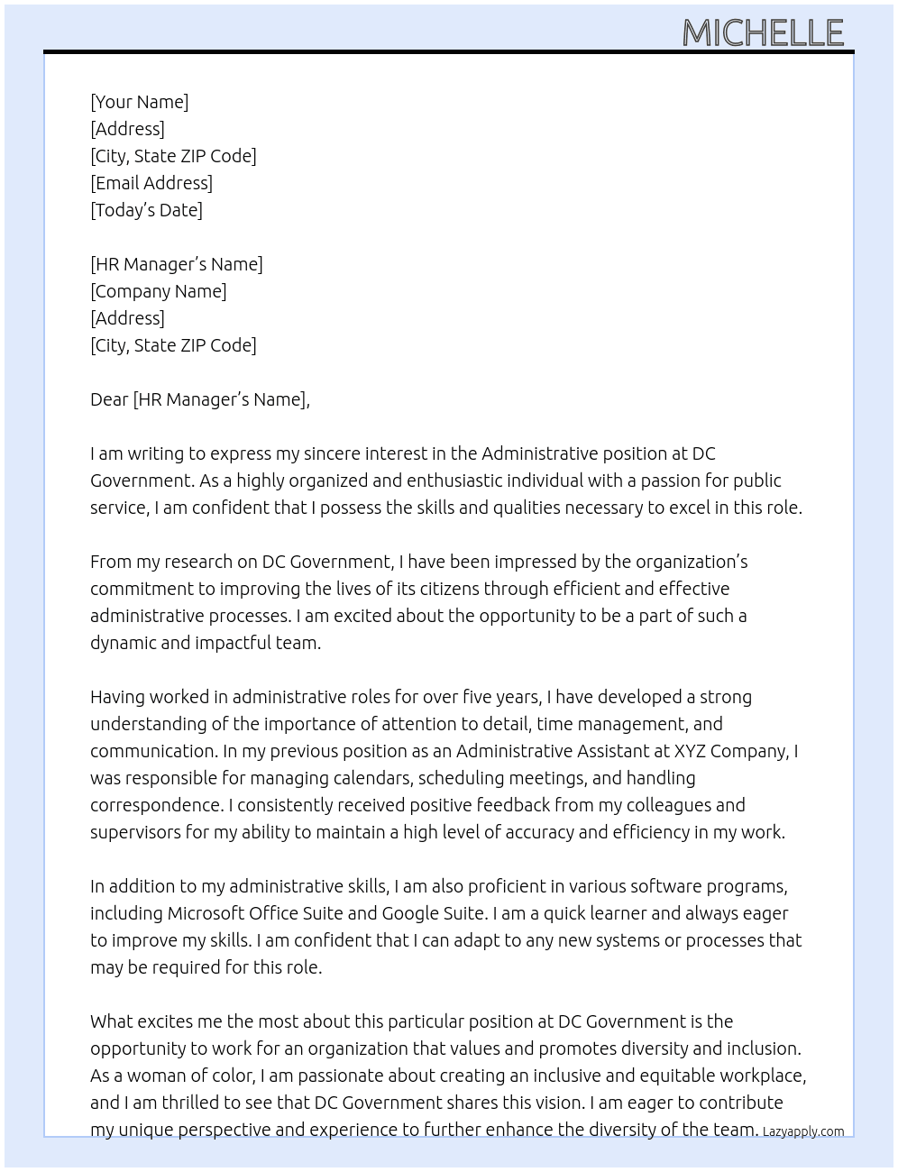 Administrative  At DC Government  Cover Letter