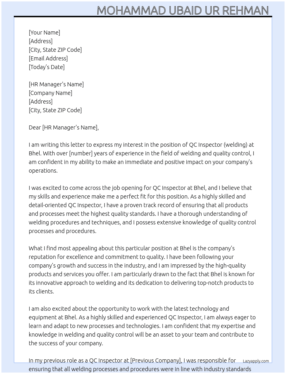 QC INSPECTOR (welding) At Bhel Cover Letter