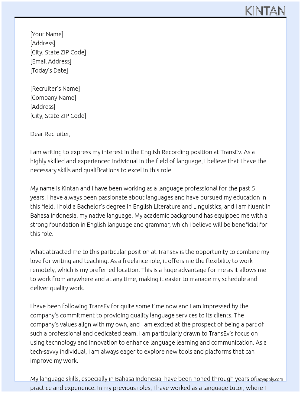 english recording At TransEv Cover Letter