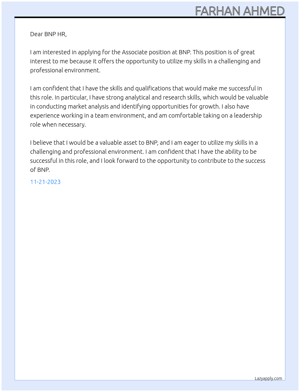 Associate At BNP Cover Letter