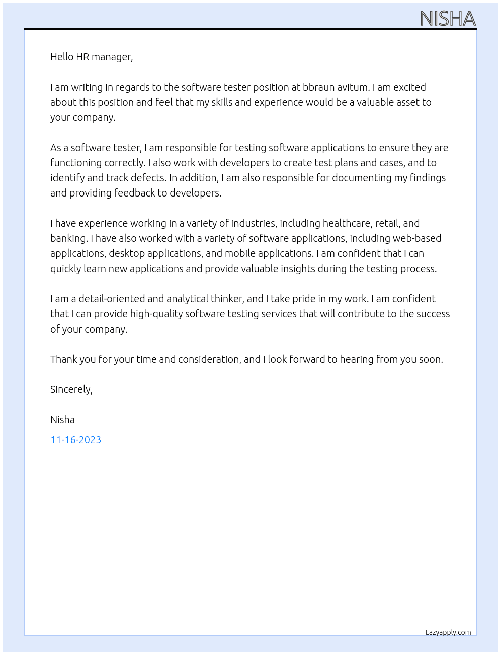 software tester At bbraun avitum Cover Letter