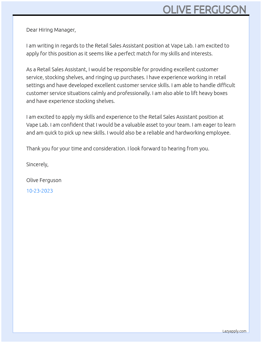 Retail sales assistant  At Vape Lab Cover Letter