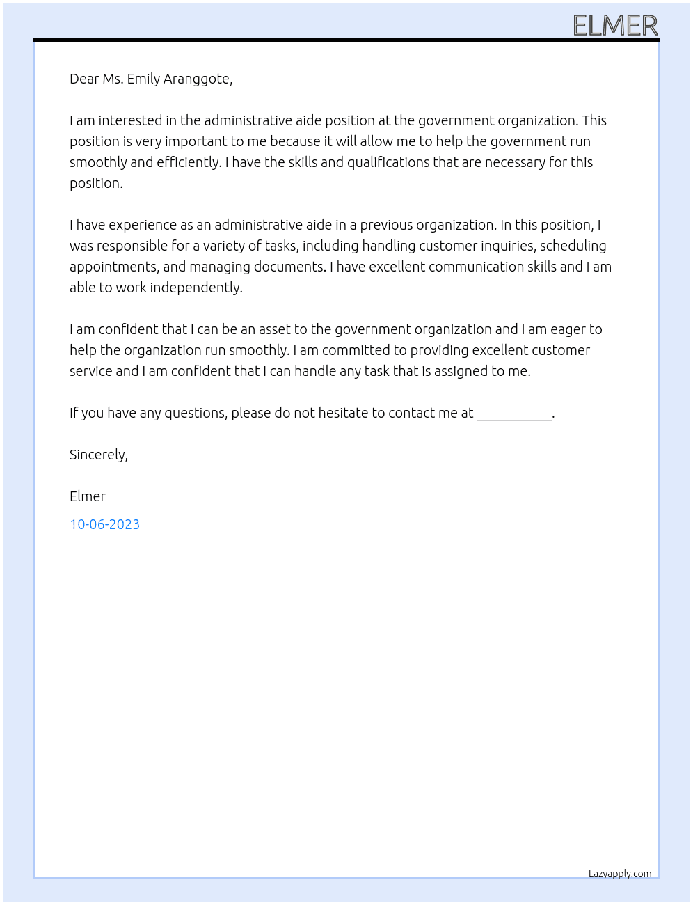 Administrative aide At Government Organozation Cover Letter