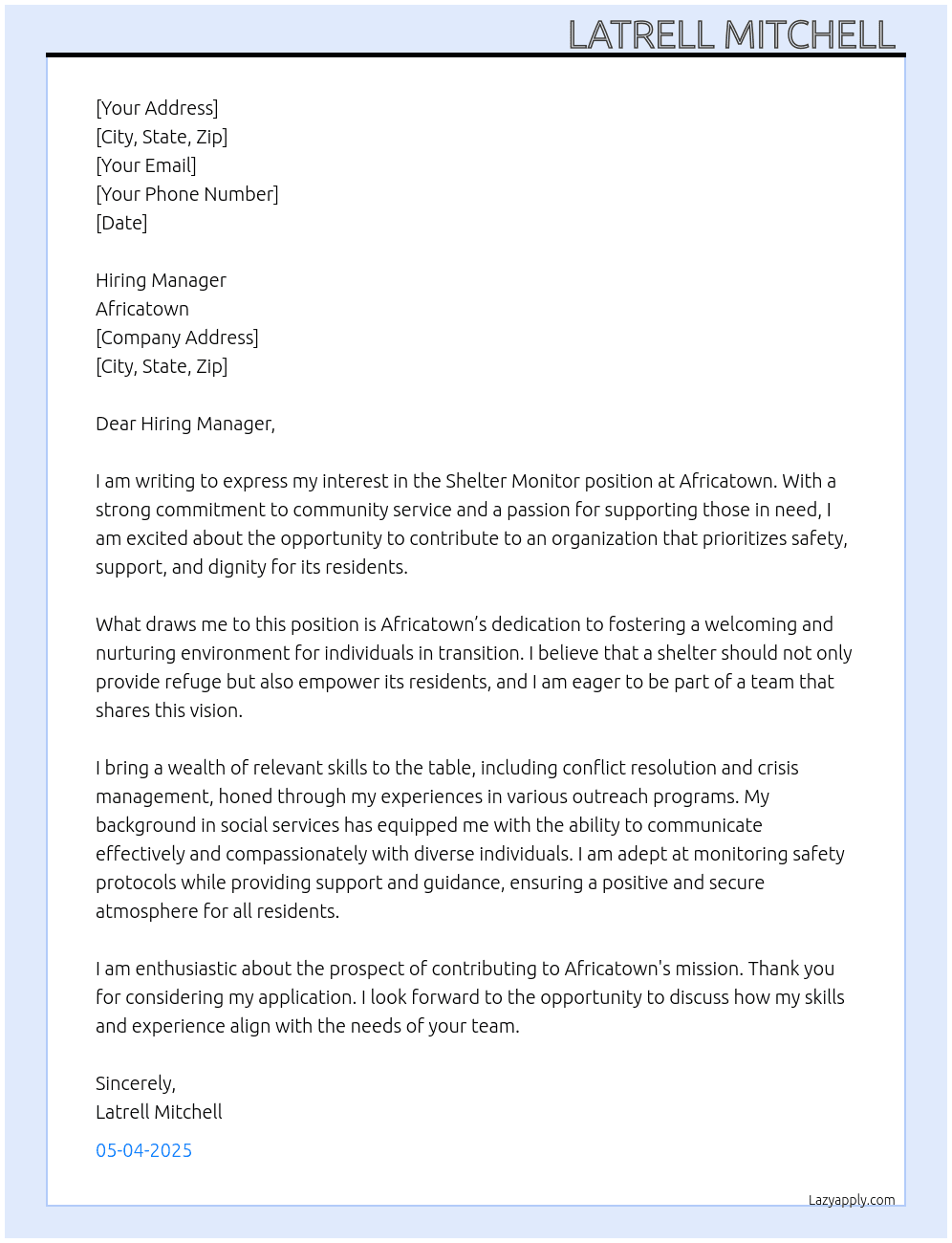 Shelter Monitor At Africatown Cover Letter